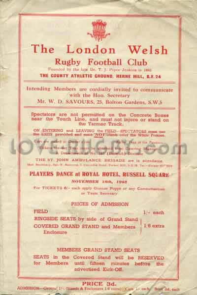 1948 London Welsh v Newport  Rugby Programme